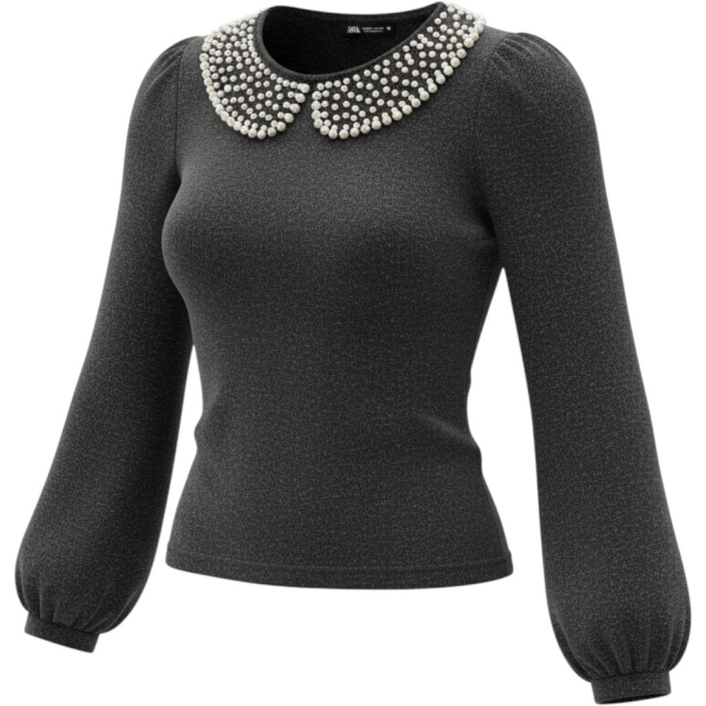 Zara‎ Womens Dark Grey Pearl Rhinestone Collar Balloon Sleeve Knit Top Small